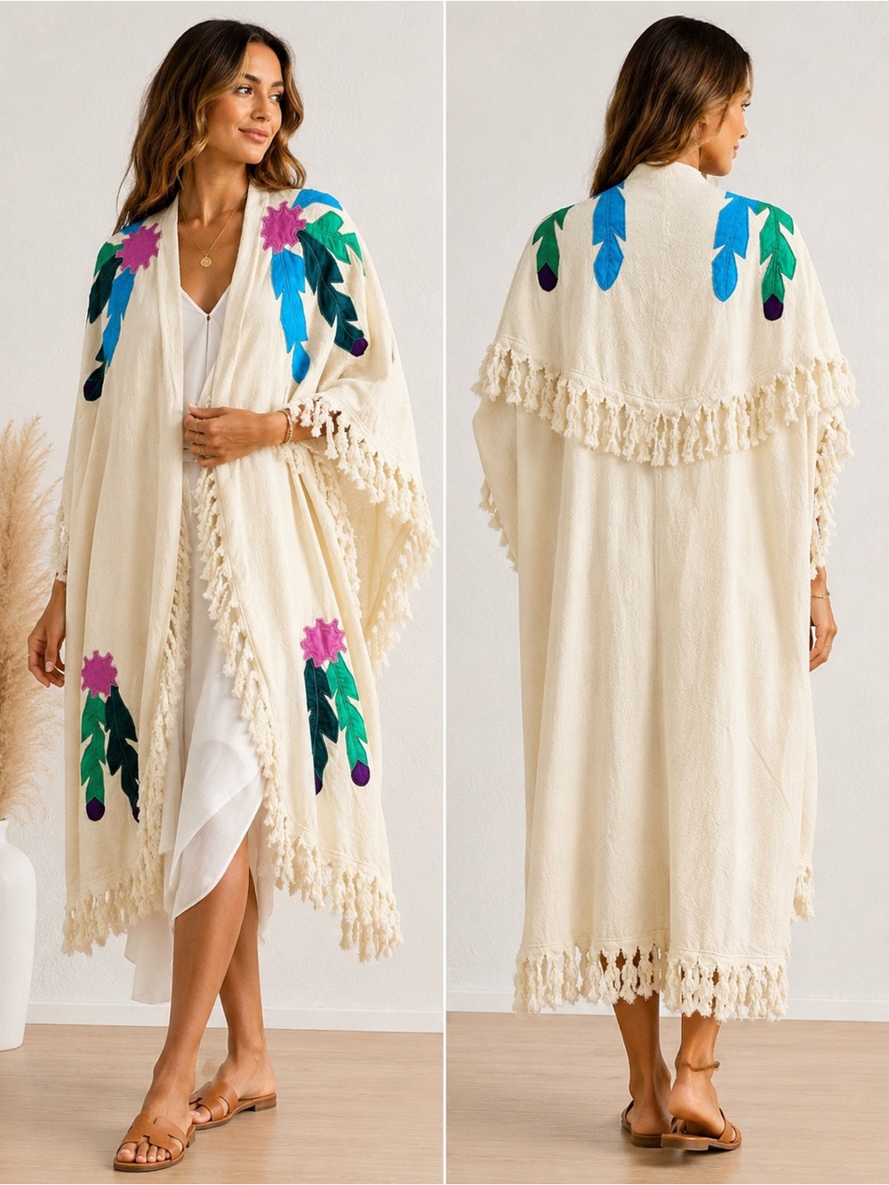 Alfredo's wife Cream Fringe Open Front Boho Ruana with Teal & Purple Accents OS